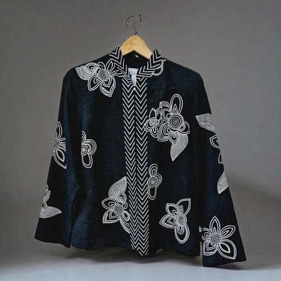 Silk Floral Embroidered Mandarin Blazer Jacket Birch Hill Vtg Black XL Office - Picture 1 of 10